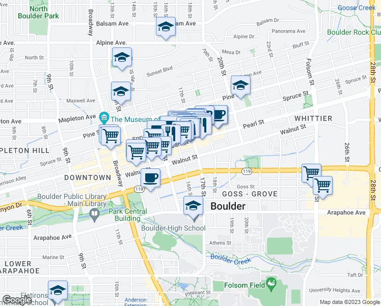 map of restaurants, bars, coffee shops, grocery stores, and more near 1701 Walnut Street in Boulder