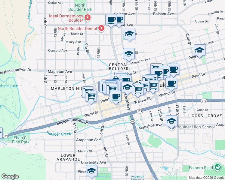 map of restaurants, bars, coffee shops, grocery stores, and more near in Boulder