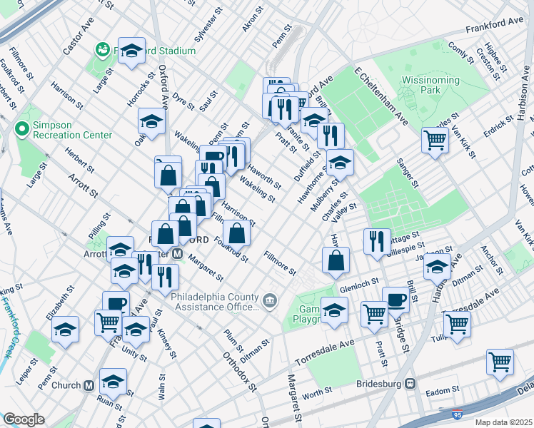 map of restaurants, bars, coffee shops, grocery stores, and more near 4942 Duffield Street in Philadelphia
