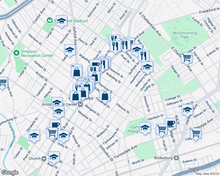 map of restaurants, bars, coffee shops, grocery stores, and more near 1661 Harrison Street in Philadelphia