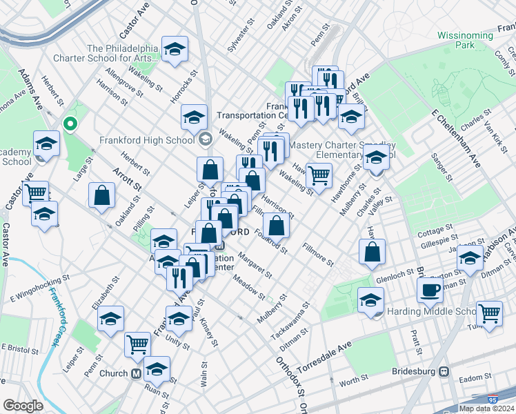 map of restaurants, bars, coffee shops, grocery stores, and more near 1628 Harrison Street in Philadelphia