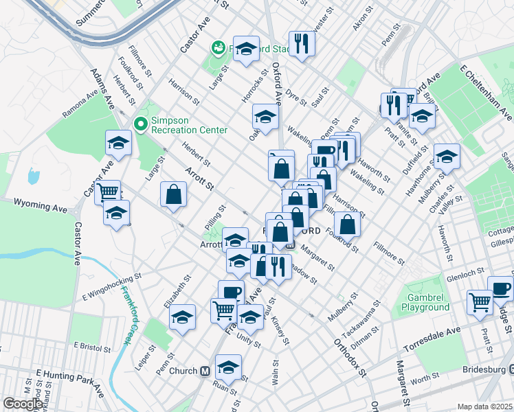 map of restaurants, bars, coffee shops, grocery stores, and more near 4723-25 Leiper Street in Philadelphia