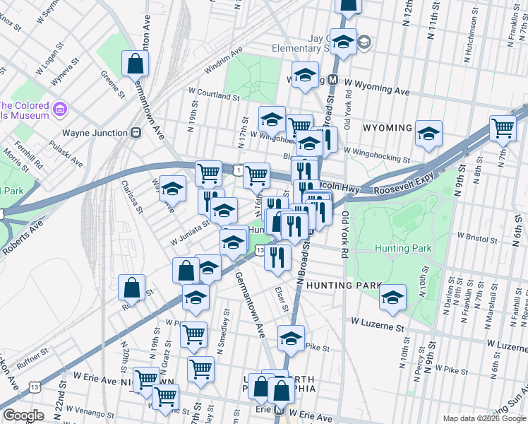 map of restaurants, bars, coffee shops, grocery stores, and more near 4246 North Hicks Street in Philadelphia