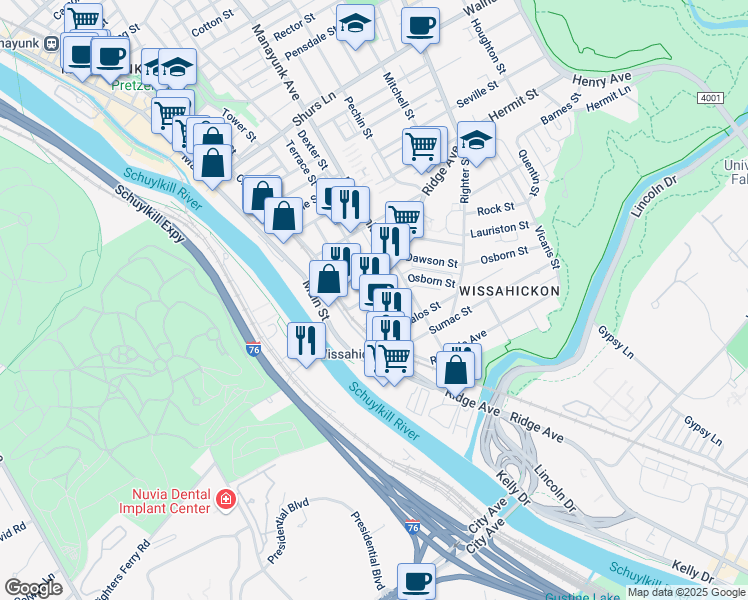 map of restaurants, bars, coffee shops, grocery stores, and more near 139 Vassar Street in Philadelphia
