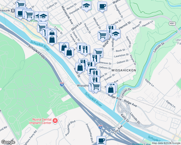 map of restaurants, bars, coffee shops, grocery stores, and more near 139 Vassar Street in Philadelphia