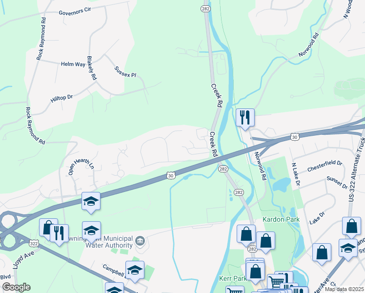 map of restaurants, bars, coffee shops, grocery stores, and more near 2500 Creek Road in Downingtown