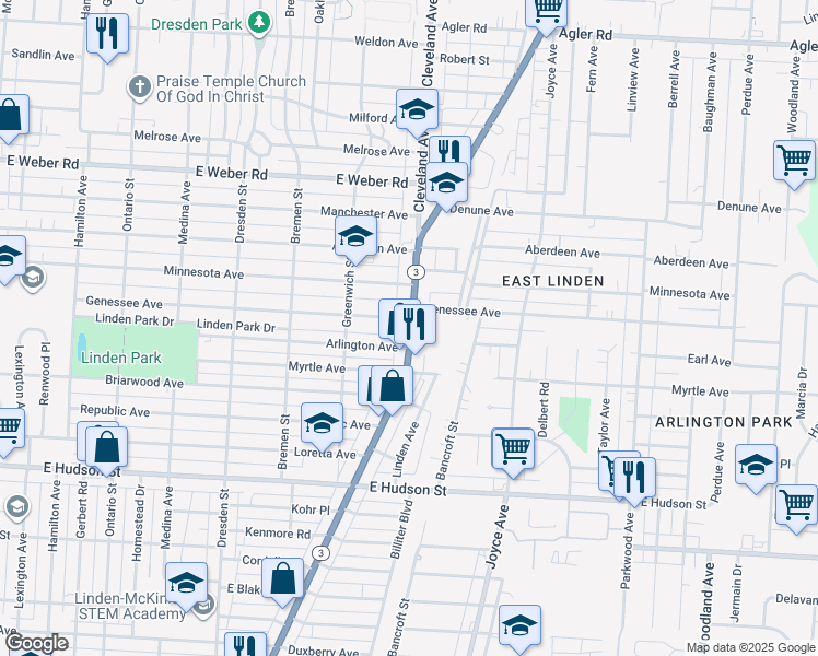 map of restaurants, bars, coffee shops, grocery stores, and more near in Columbus