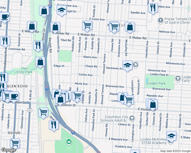 map of restaurants, bars, coffee shops, grocery stores, and more near 2618 Hiawatha Street in Columbus