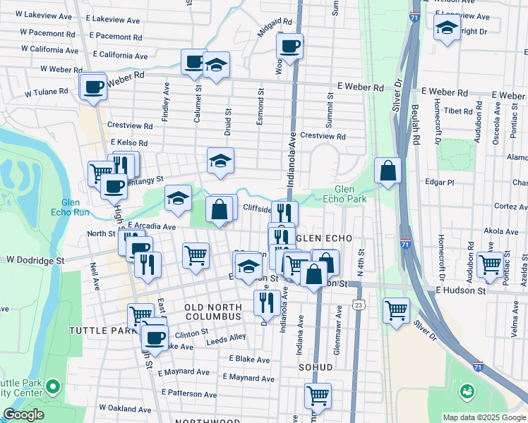 map of restaurants, bars, coffee shops, grocery stores, and more near 2710 Dayton Avenue in Columbus