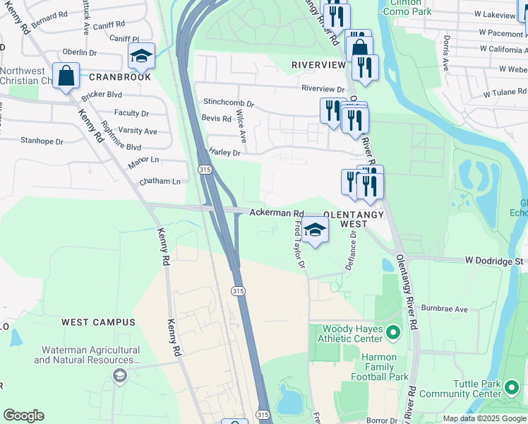 map of restaurants, bars, coffee shops, grocery stores, and more near 660 Ackerman Road in Columbus