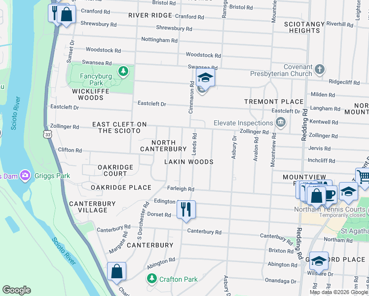 map of restaurants, bars, coffee shops, grocery stores, and more near 3135 Herrick Road in Columbus
