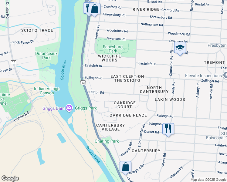 map of restaurants, bars, coffee shops, grocery stores, and more near 2812 Clifton Road in Columbus