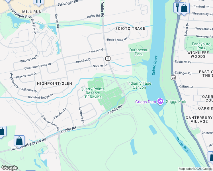 map of restaurants, bars, coffee shops, grocery stores, and more near 3213 Summerdale Lane in Columbus