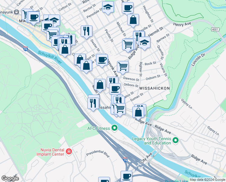map of restaurants, bars, coffee shops, grocery stores, and more near 139 Vassar Street in Philadelphia