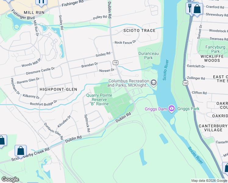 map of restaurants, bars, coffee shops, grocery stores, and more near 3213 Summerdale Lane in Columbus