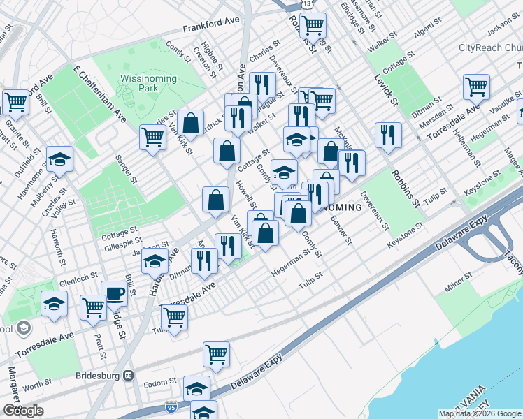 map of restaurants, bars, coffee shops, grocery stores, and more near 4525 Howell Street in Philadelphia
