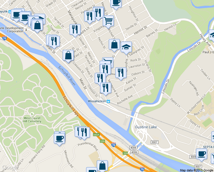 map of restaurants, bars, coffee shops, grocery stores, and more near 121 Osborn Street in Philadelphia