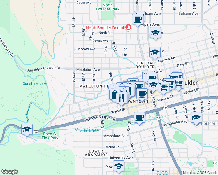 map of restaurants, bars, coffee shops, grocery stores, and more near 726 Pine Street in Boulder