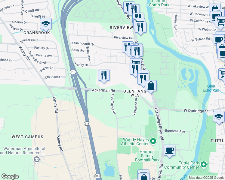 map of restaurants, bars, coffee shops, grocery stores, and more near 660 Ackerman Rd in Columbus