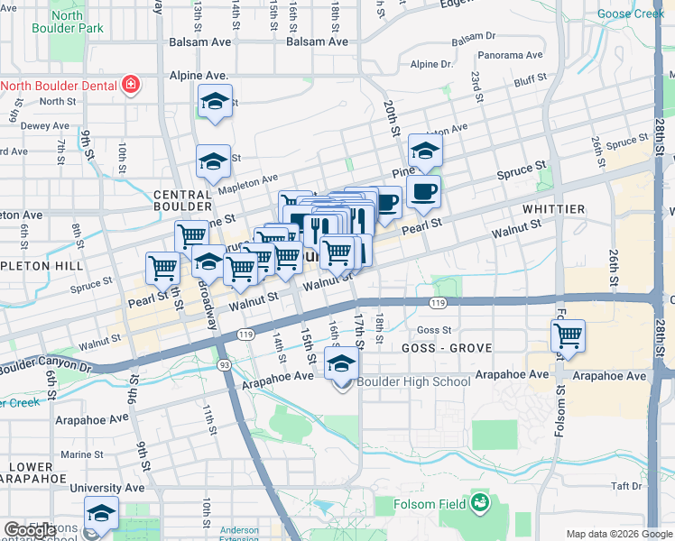 map of restaurants, bars, coffee shops, grocery stores, and more near 1701 Walnut Street in Boulder