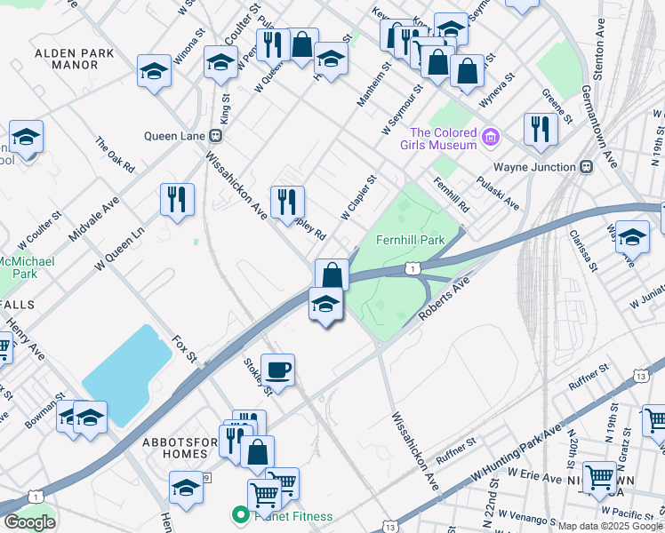 map of restaurants, bars, coffee shops, grocery stores, and more near 567 West Abbottsford Avenue in Philadelphia