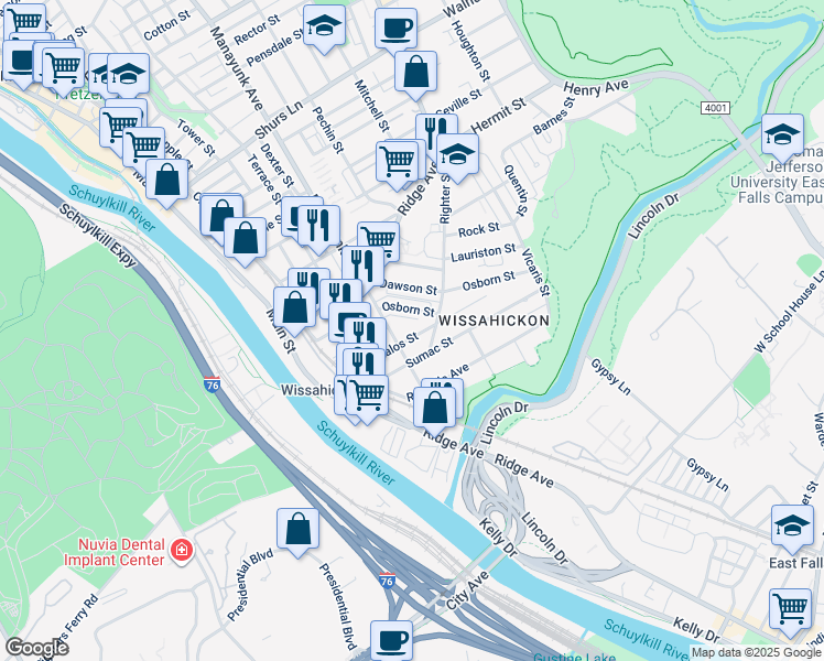 map of restaurants, bars, coffee shops, grocery stores, and more near 161 Kalos Street in Philadelphia