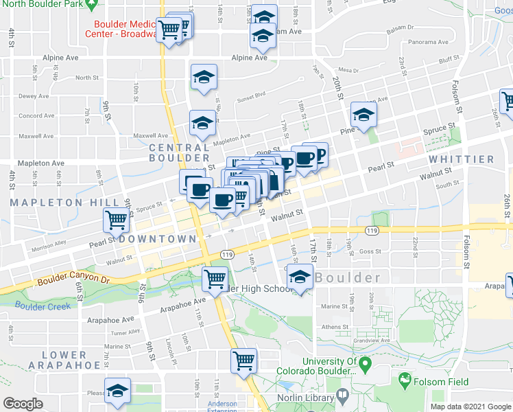 map of restaurants, bars, coffee shops, grocery stores, and more near 1474 Pearl Street in Boulder