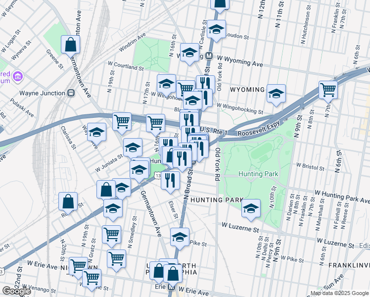 map of restaurants, bars, coffee shops, grocery stores, and more near 1418 West Bristol Street in Philadelphia