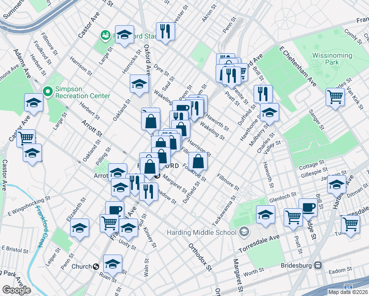 map of restaurants, bars, coffee shops, grocery stores, and more near 1615 Fillmore Street in Philadelphia