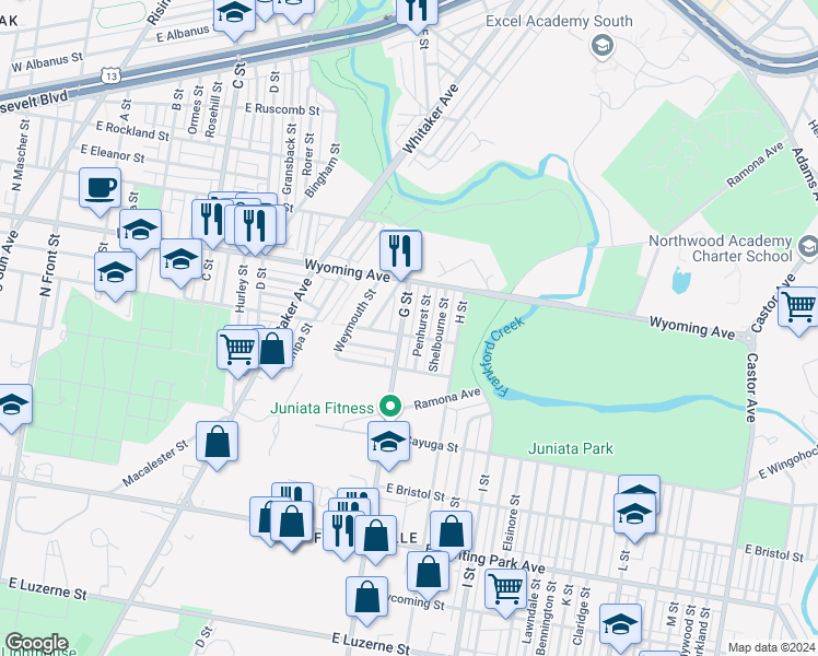 map of restaurants, bars, coffee shops, grocery stores, and more near 4609 G Street in Philadelphia