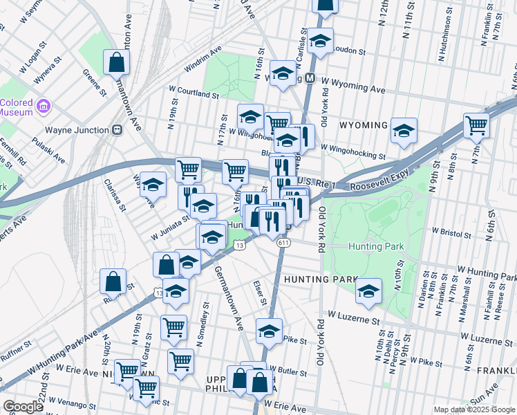 map of restaurants, bars, coffee shops, grocery stores, and more near 4246 North 15th Street in Philadelphia