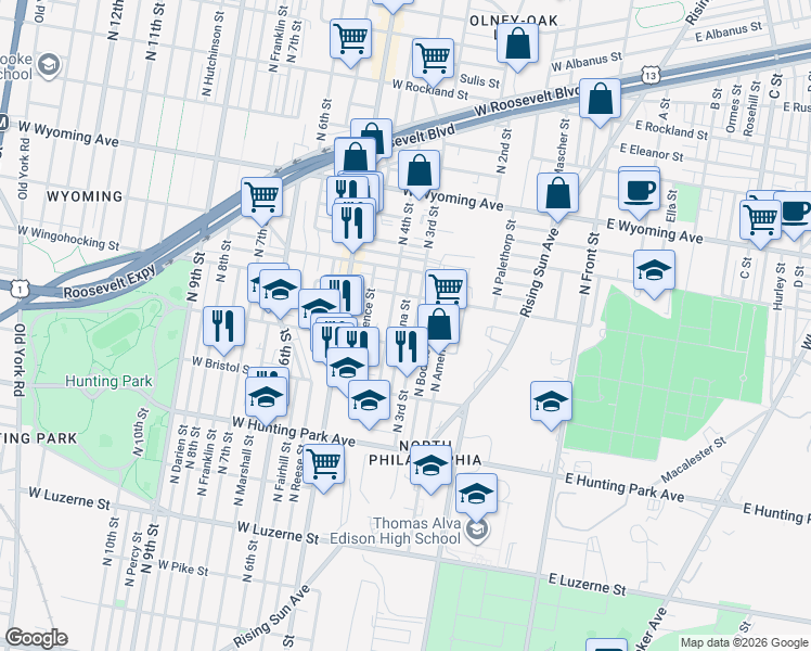 map of restaurants, bars, coffee shops, grocery stores, and more near 4427 North Orianna Street in Philadelphia