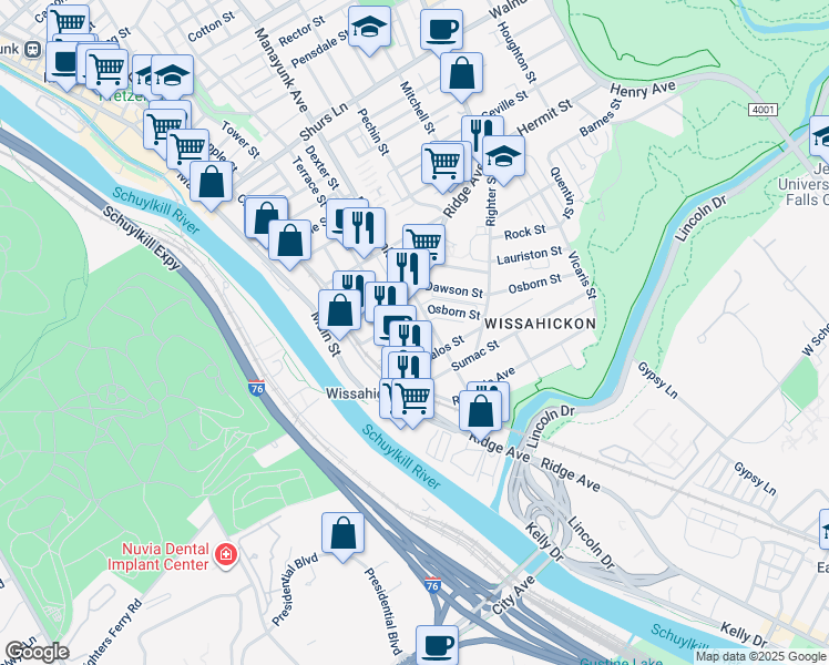 map of restaurants, bars, coffee shops, grocery stores, and more near 121 Osborn Street in Philadelphia