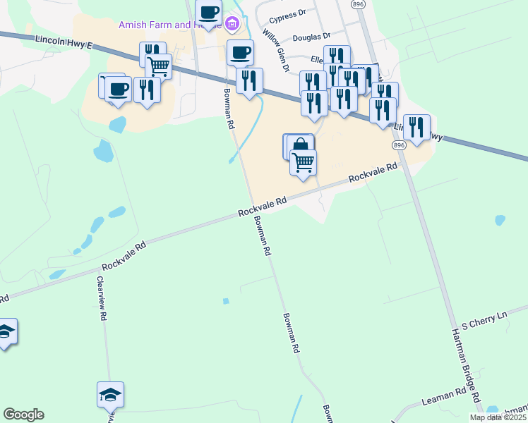 map of restaurants, bars, coffee shops, grocery stores, and more near 2304 Rockvale Road in Lancaster