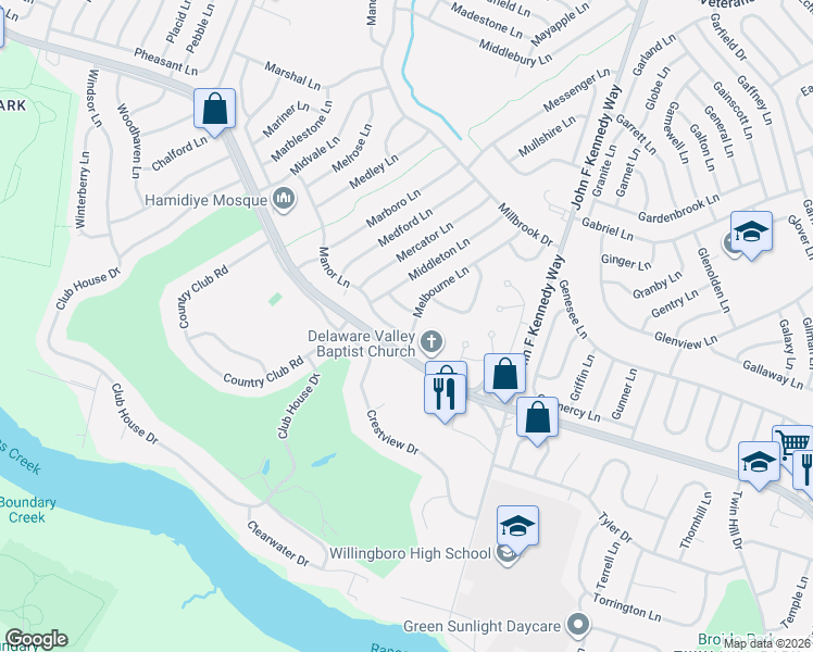 map of restaurants, bars, coffee shops, grocery stores, and more near 11 Melbourne Lane in Willingboro