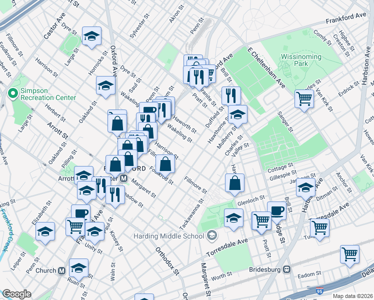 map of restaurants, bars, coffee shops, grocery stores, and more near 4942 Duffield Street in Philadelphia