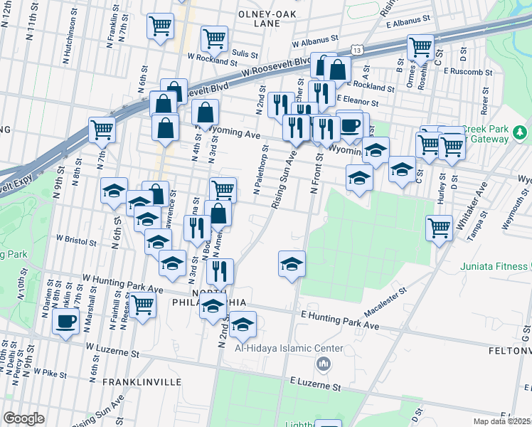 map of restaurants, bars, coffee shops, grocery stores, and more near 4452 Rising Sun Avenue in Philadelphia