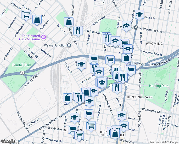 map of restaurants, bars, coffee shops, grocery stores, and more near 1825 Brunner Street in Philadelphia