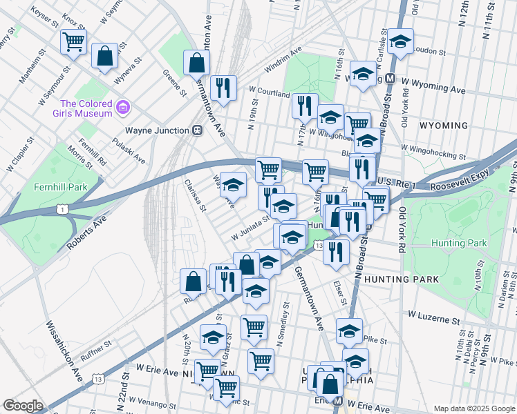 map of restaurants, bars, coffee shops, grocery stores, and more near 1819 Brunner Street in Philadelphia