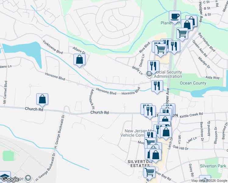 map of restaurants, bars, coffee shops, grocery stores, and more near 2260 Hovsons Boulevard in Toms River