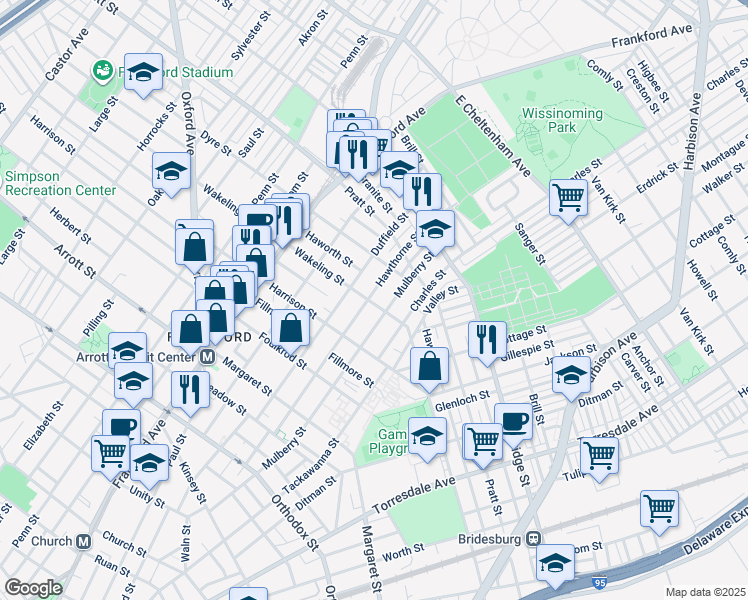 map of restaurants, bars, coffee shops, grocery stores, and more near 5001 Hawthorne Street in Philadelphia