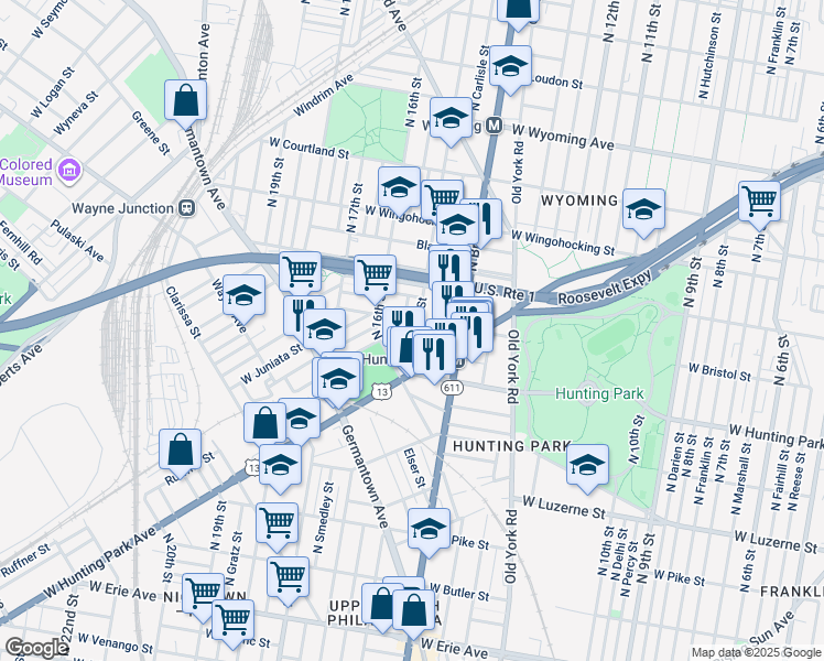 map of restaurants, bars, coffee shops, grocery stores, and more near 4246 North 15th Street in Philadelphia