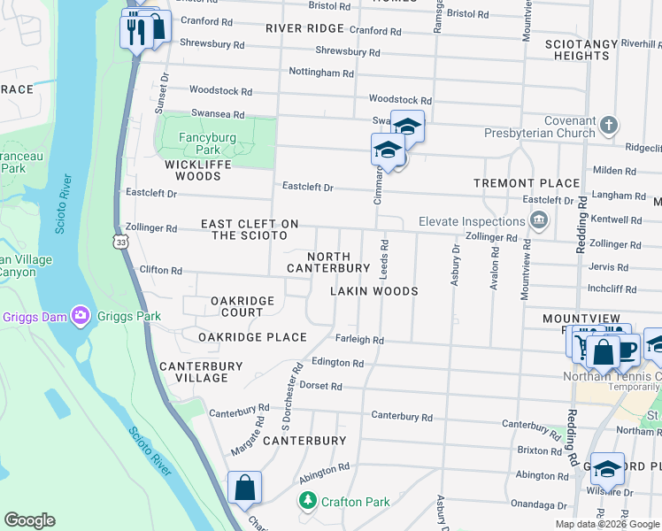 map of restaurants, bars, coffee shops, grocery stores, and more near 3133 South Dorchester Road in Upper Arlington