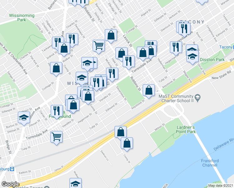 map of restaurants, bars, coffee shops, grocery stores, and more near 6162 Hegerman Street in Philadelphia