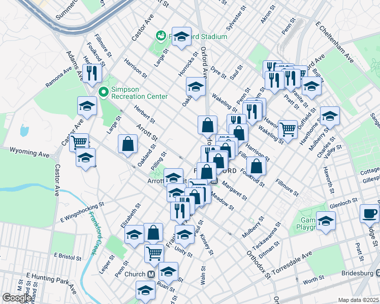 map of restaurants, bars, coffee shops, grocery stores, and more near 4723 Leiper Street in Philadelphia