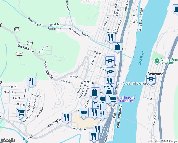 map of restaurants, bars, coffee shops, grocery stores, and more near 3496 Franklin Street in Bellaire