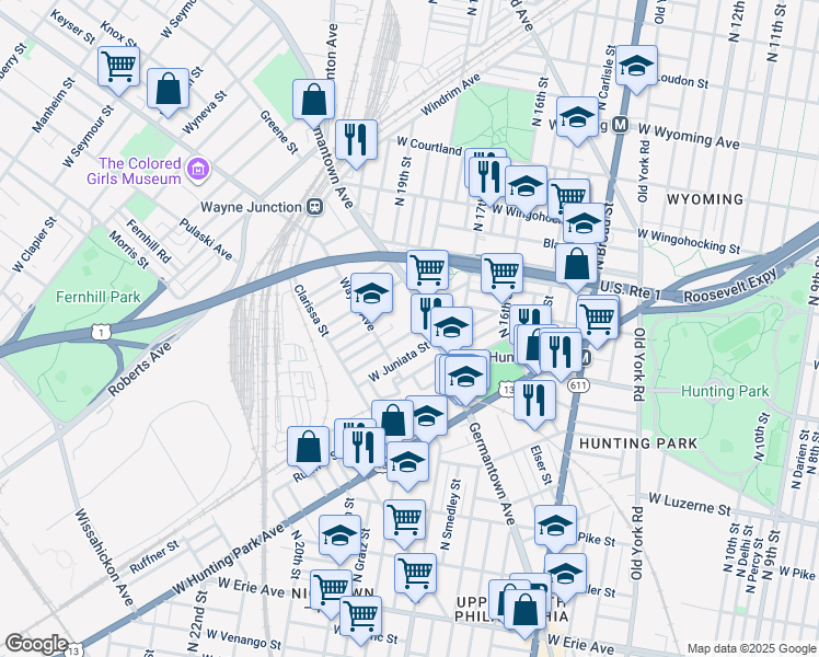 map of restaurants, bars, coffee shops, grocery stores, and more near 1825 Brunner Street in Philadelphia
