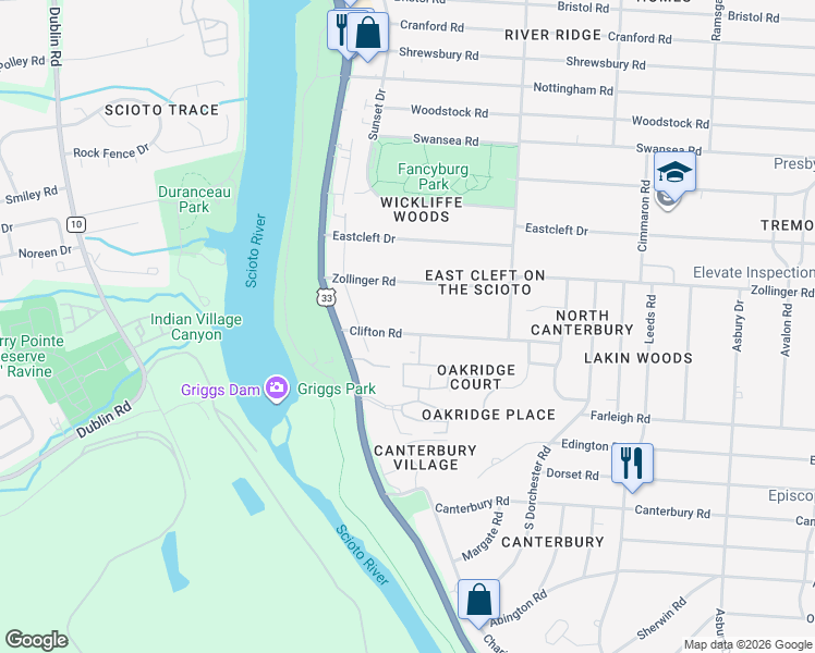 map of restaurants, bars, coffee shops, grocery stores, and more near 2844 Clifton Road in Upper Arlington