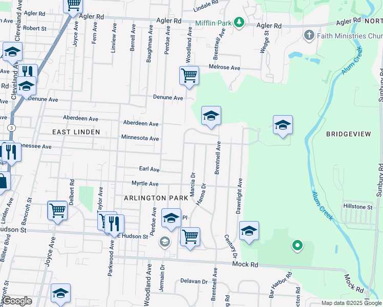 map of restaurants, bars, coffee shops, grocery stores, and more near 2427 Marcia Drive in Columbus
