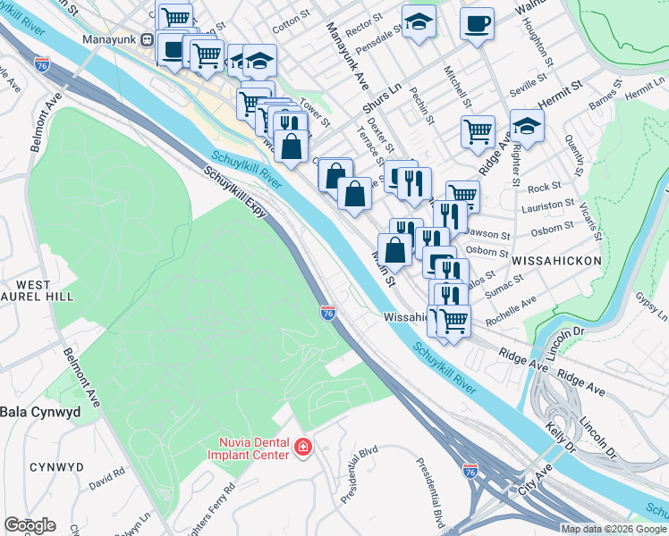 map of restaurants, bars, coffee shops, grocery stores, and more near 600 Righters Ferry Road in Bala Cynwyd